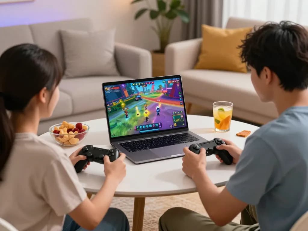 Playing online porn games in a cozy living room with colorful visuals and snacks.