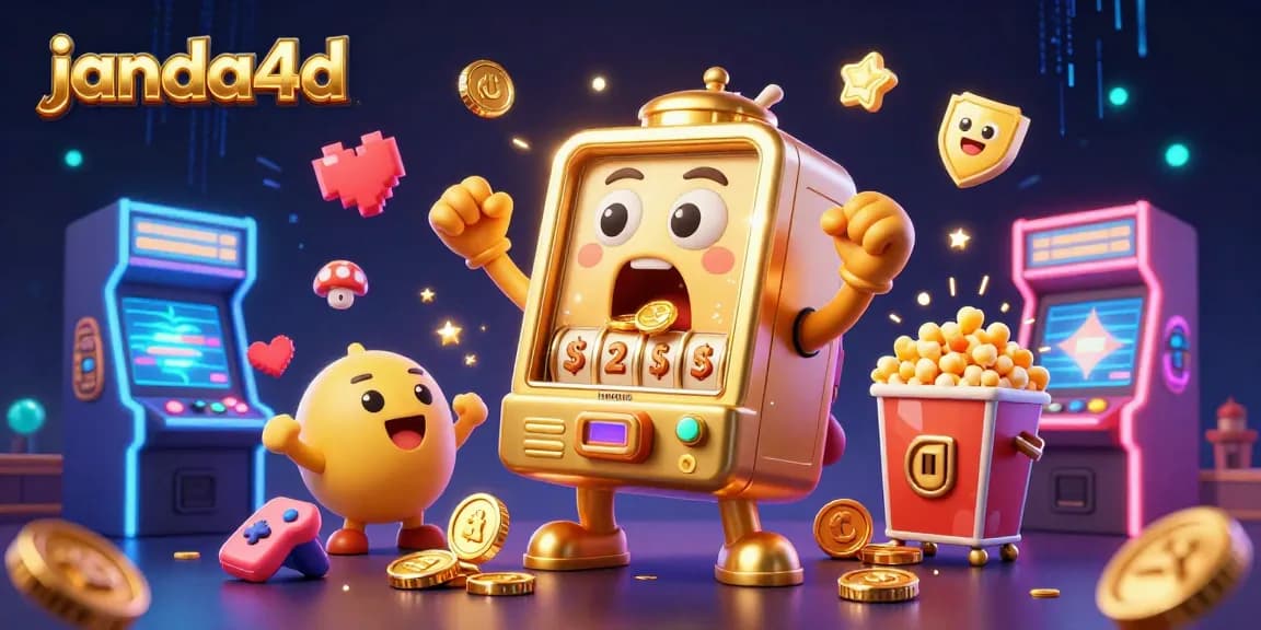 janda4d slot mesin emas yang terkejut saat jackpot dengan koin berjatuhan, dalam suasana kasino ceria