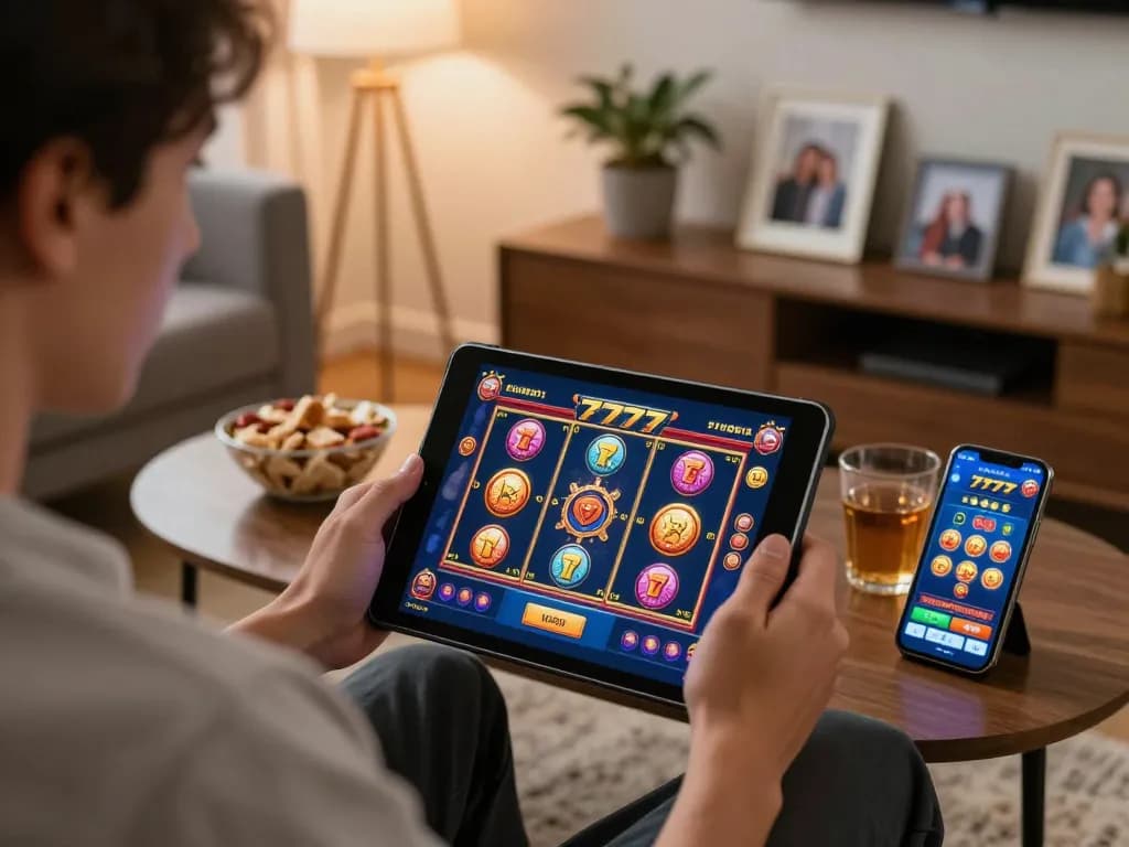 Engaging in slot777 gameplay on a tablet in a cozy home environment with thoughtful strategy.