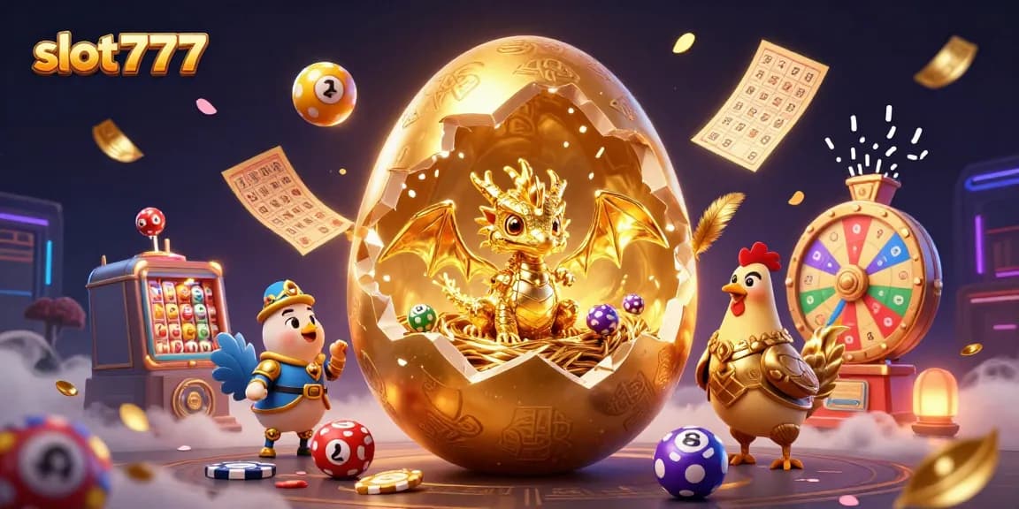 Pemain slot777 melihat jackpot emas saat telur naga meledak dengan kepingan chip poker mengelilingi.