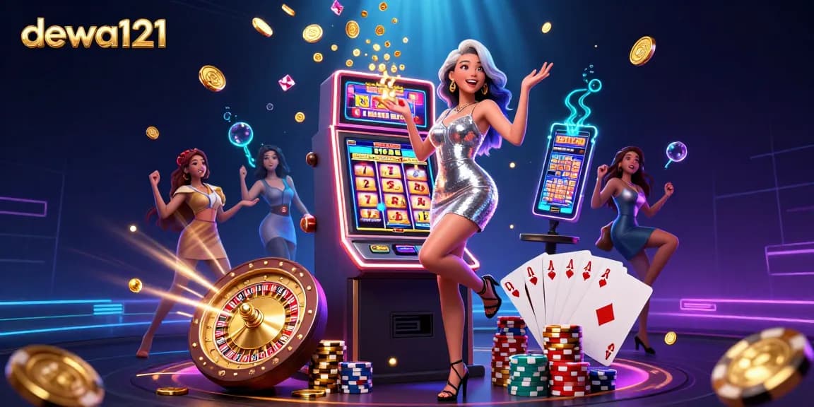 Rasakan sensasi permainan mesin slot di dewa121 dengan pemandangan jackpot yang memukau penuh elemen kasino yang cerah.