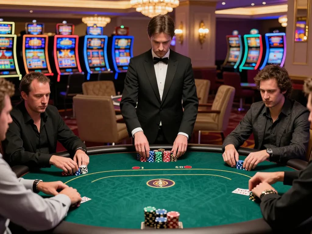 Play poker at B52 casino, high-stakes table with players and dealer in action