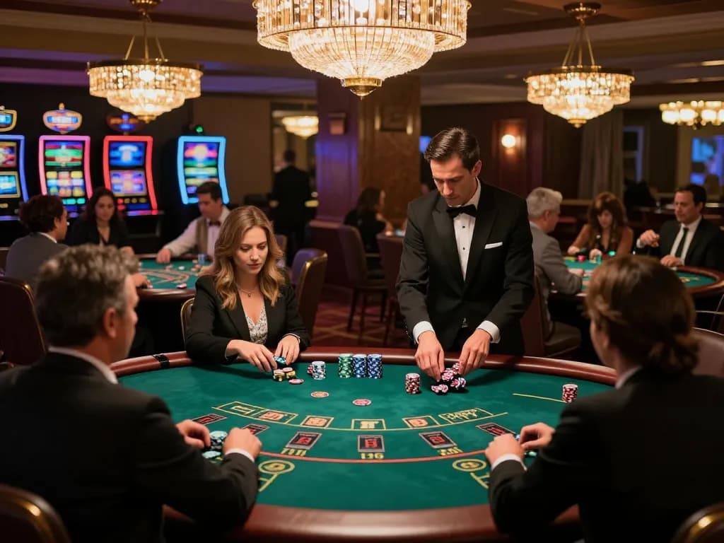 Players engage in a thrilling blackjack game, watching ดูหนังใหม่ unfold in an upscale casino with dynamic lighting.