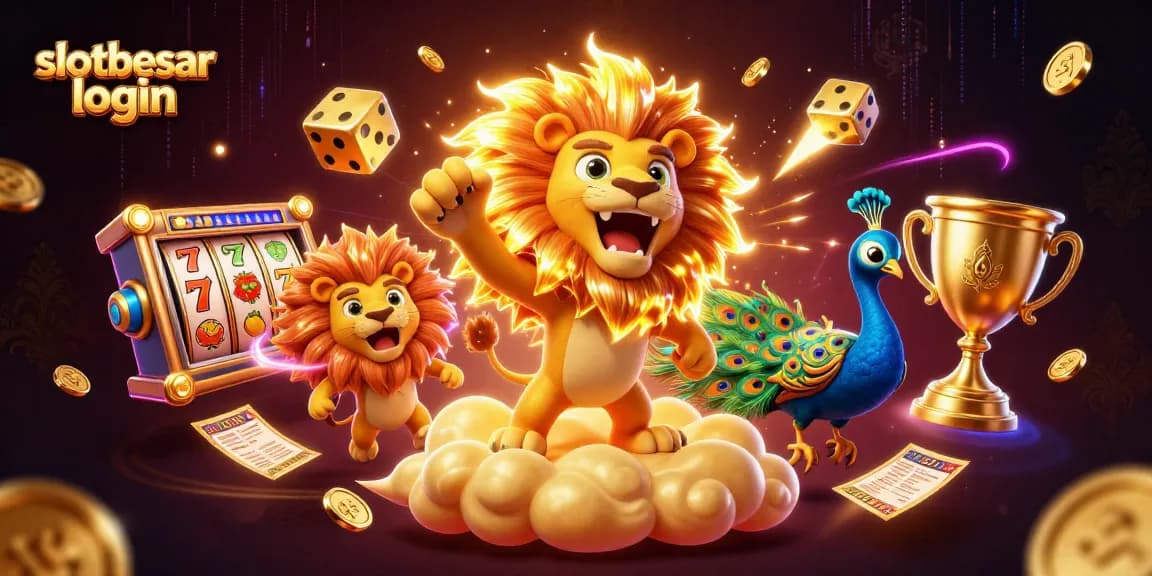 Experience the thrill of slotbesar login with captivating 3D gaming visuals showcasing dynamic slot reels and casino elements.