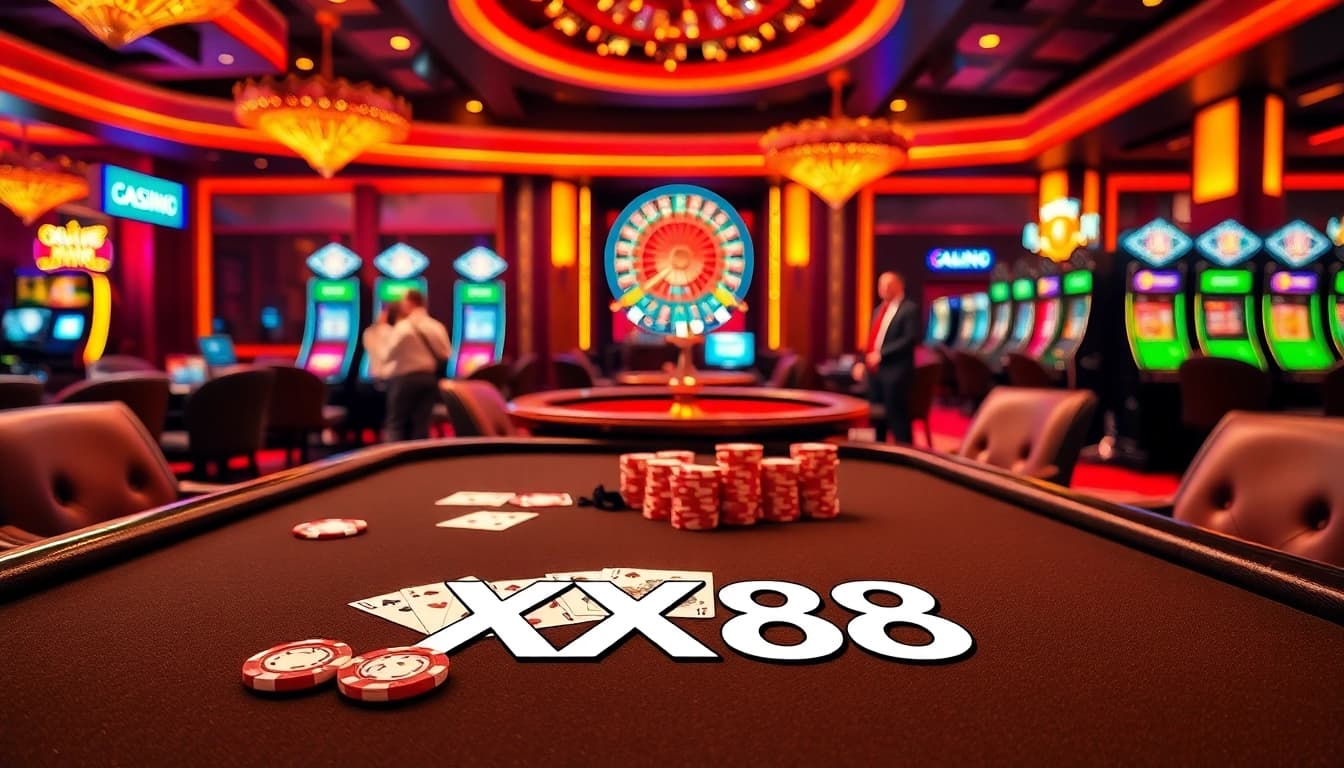Join the thrilling action at XX88 with a vibrant casino scene featuring poker, roulette, and luxurious ambiance.