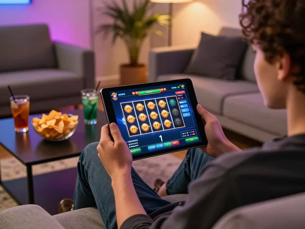 Permainan yang menarik pada permainan link slot yang terlihat di tablet dalam pengaturan rumah modern.