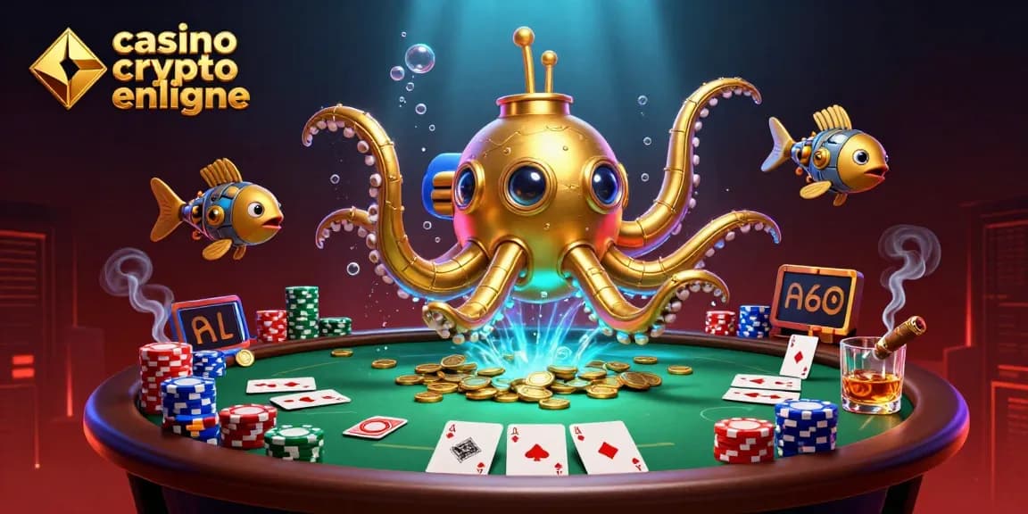 Jouez au casino crypto en ligne avec des machines à sous dorées et des cartes de poker entourées de pièces.