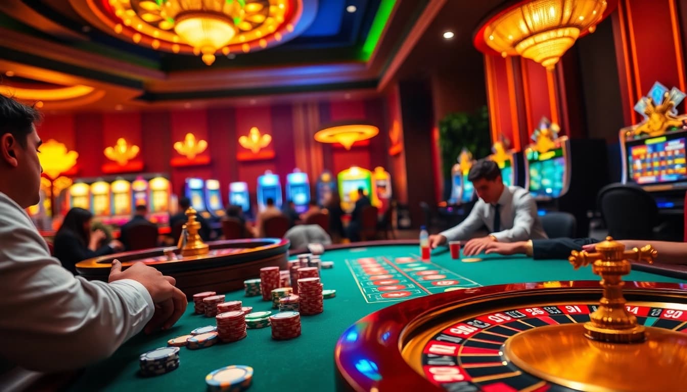 Experience the thrill of betting and winning on Trang Chủ BJ88, featuring vibrant poker tables and casino excitement.