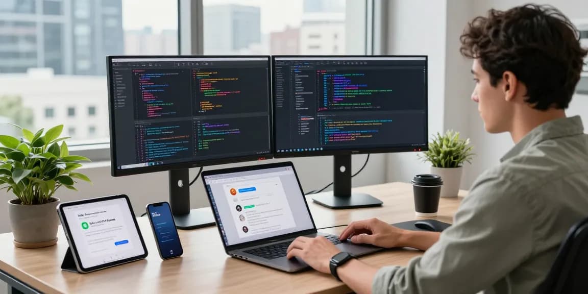 Engineer's workspace showcasing crush ai coding projects with dual monitors and city view.