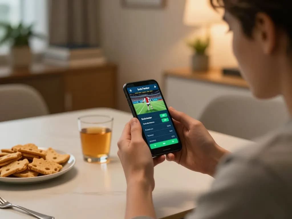 Bola 7meter user engaged in sports betting from home with smartphone and snacks.
