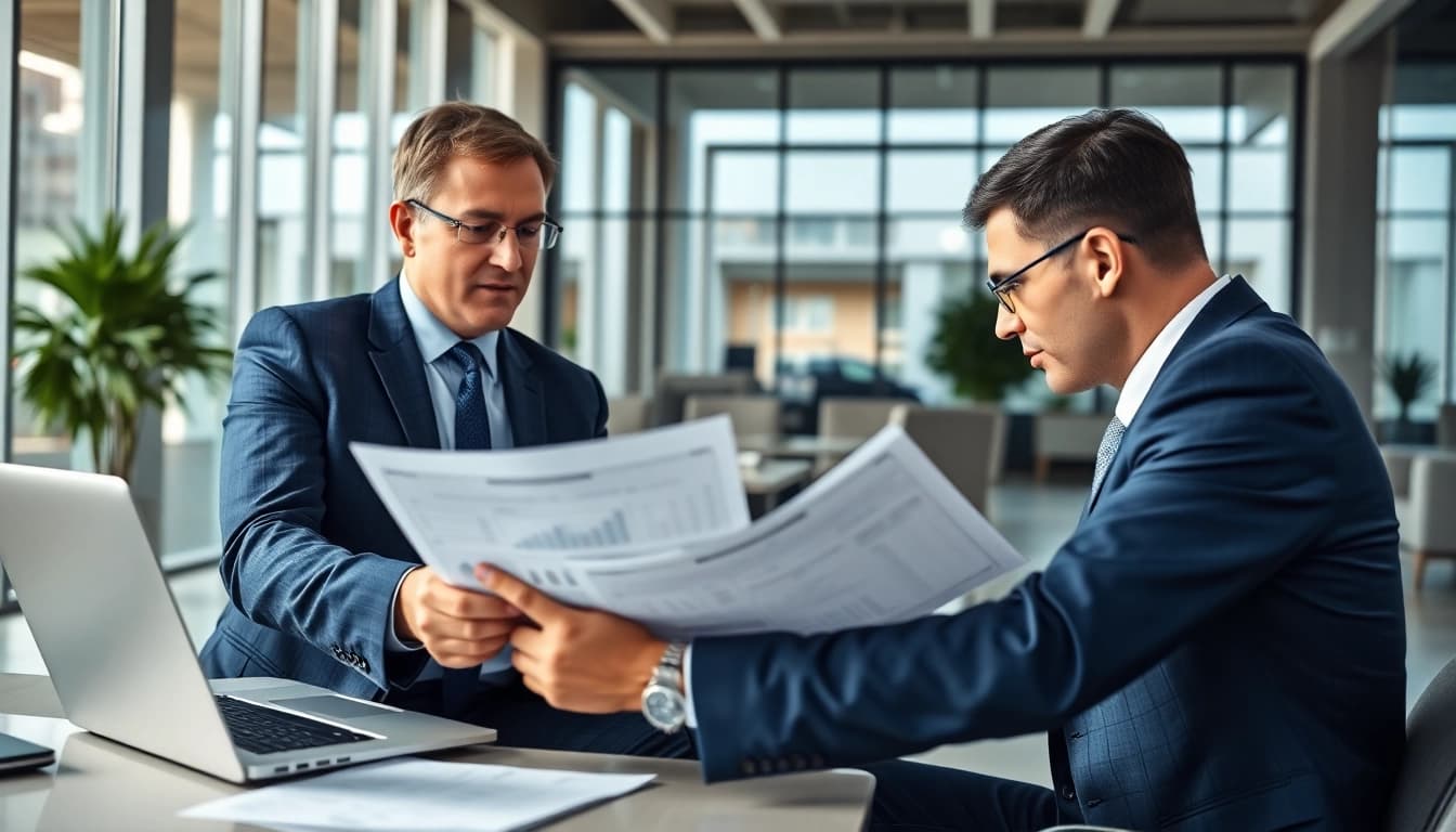 Warranty company with clear exclusions professionals reviewing documents in a modern office setting.