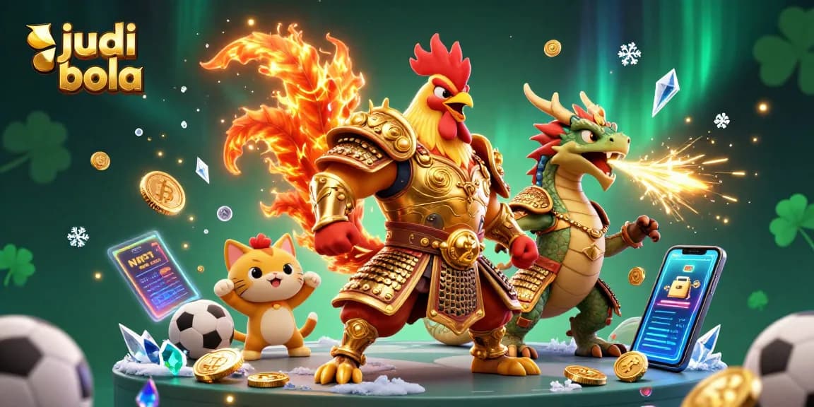 Place bets on judi bola as a cartoon fighting rooster and dragon hatchling celebrate victories in a vibrant scene.
