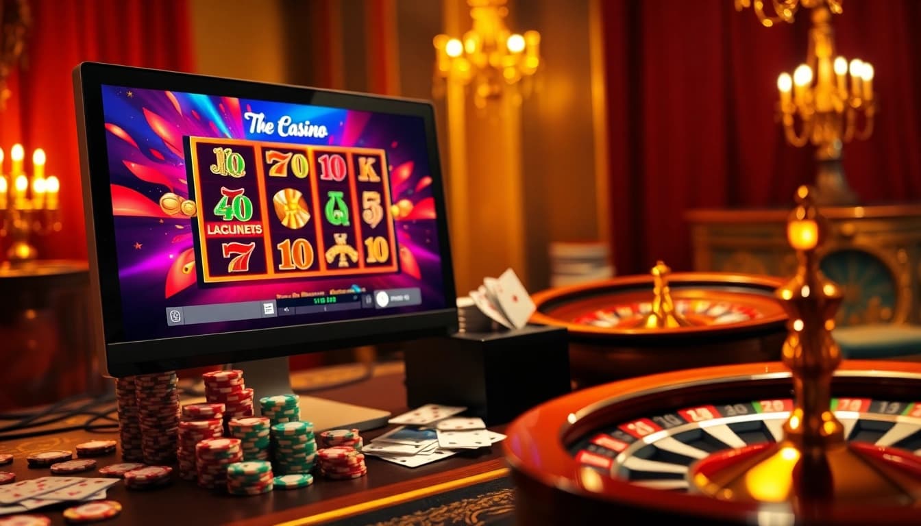 Plongez dans l'excitation de meilleure casino en ligne alors que des cartes et des jetons vibrants entourent un jeu de machines à sous élégant sur bureau.