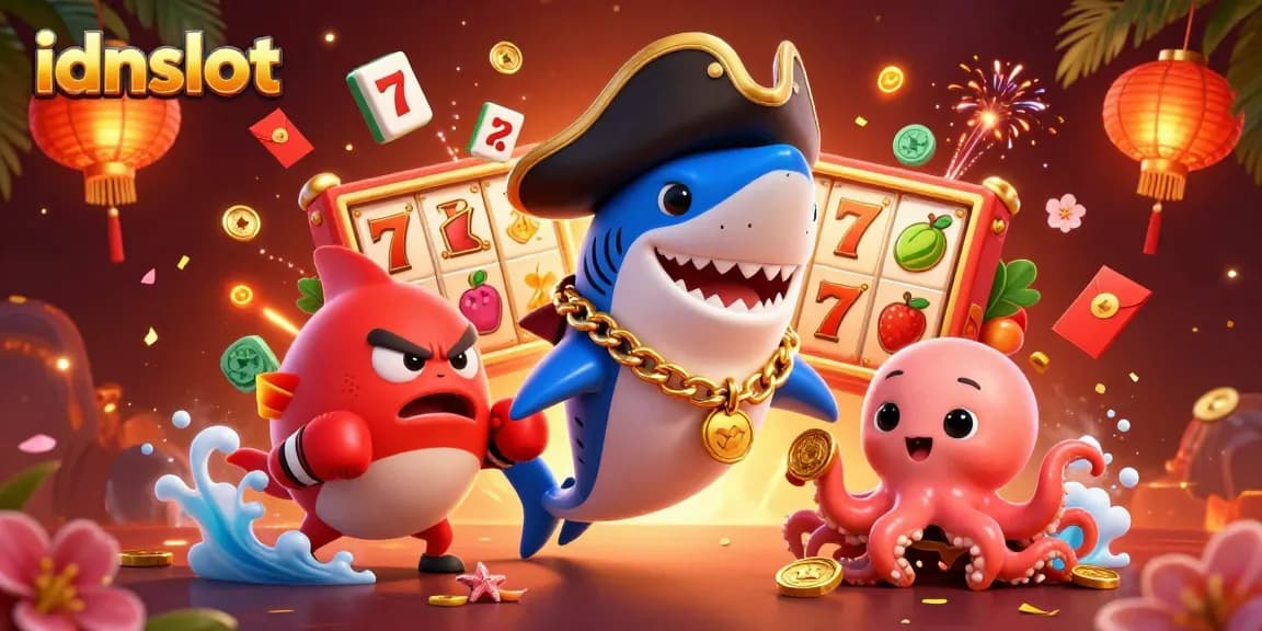 Engage with idnslot's thrilling gameplay featuring a cartoon pirate shark, pufferfish, and octopus in a vibrant casino scene.