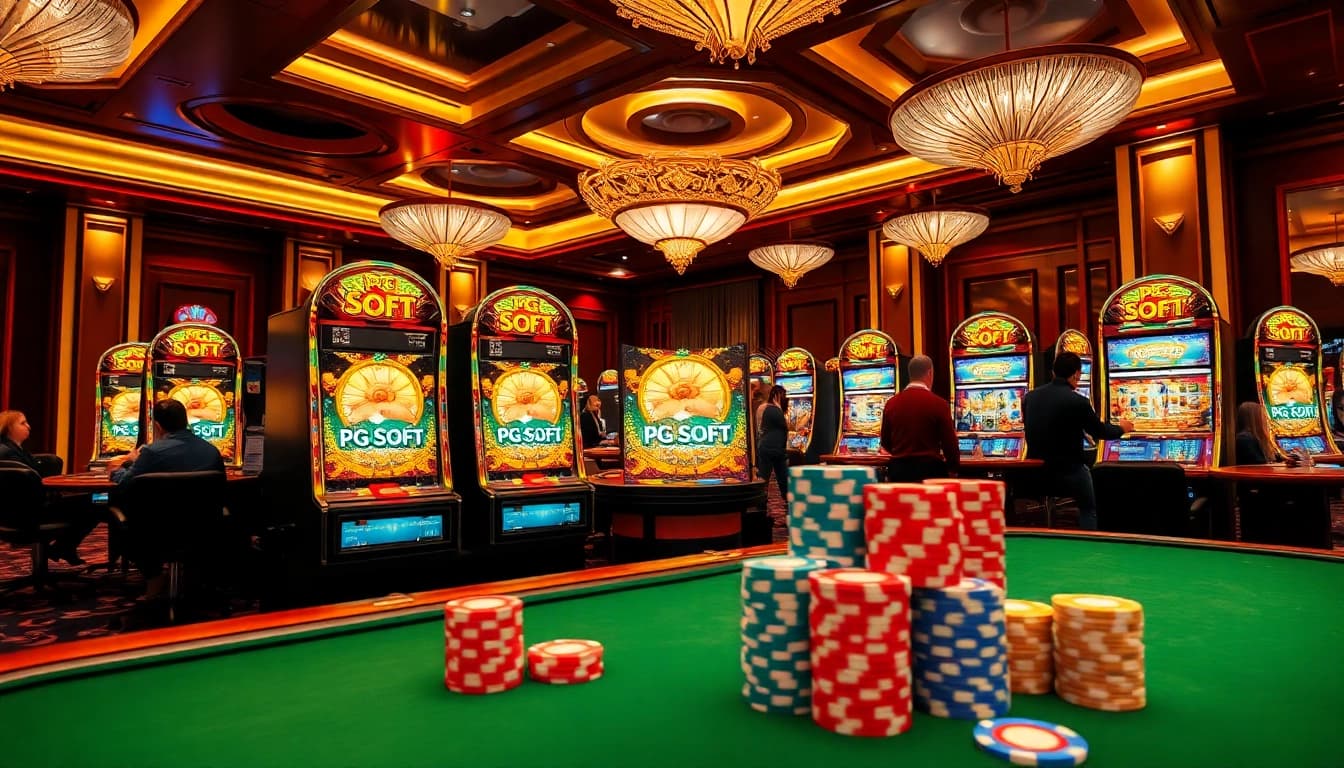 Experience the thrill of PG Soft gaming in a vibrant casino environment with exciting slot machines.