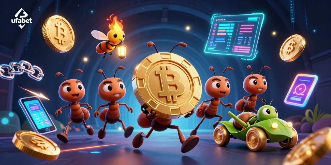 Focus on ufabet as ants heist golden poker chip, illustrating gambling excitement in a vibrant scene.