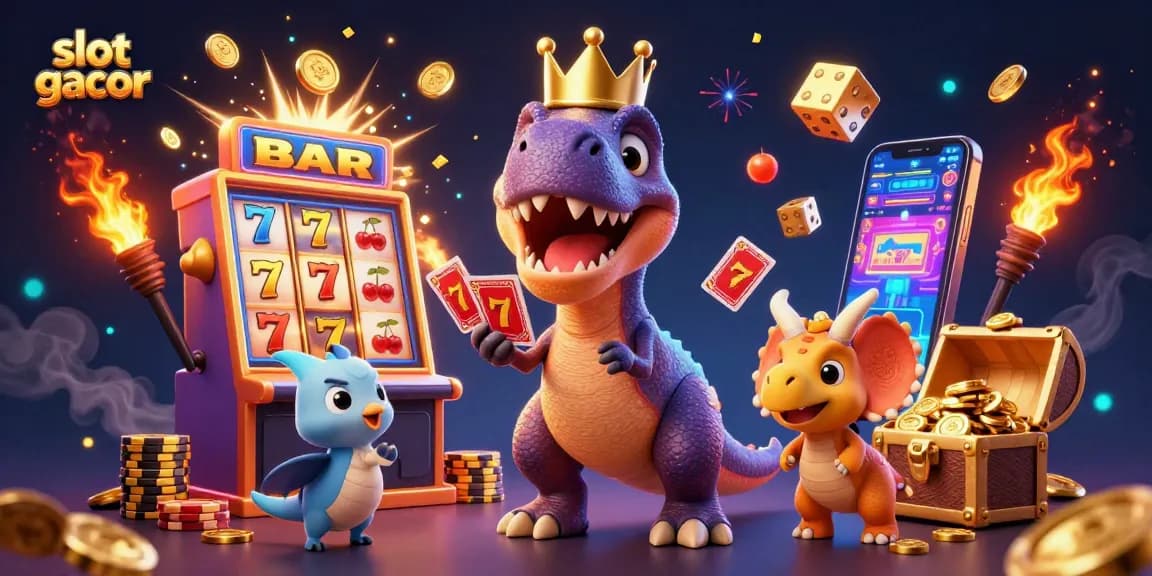 Spin to win on slot gacor with a friendly T-Rex dealer and vibrant jackpot elements!