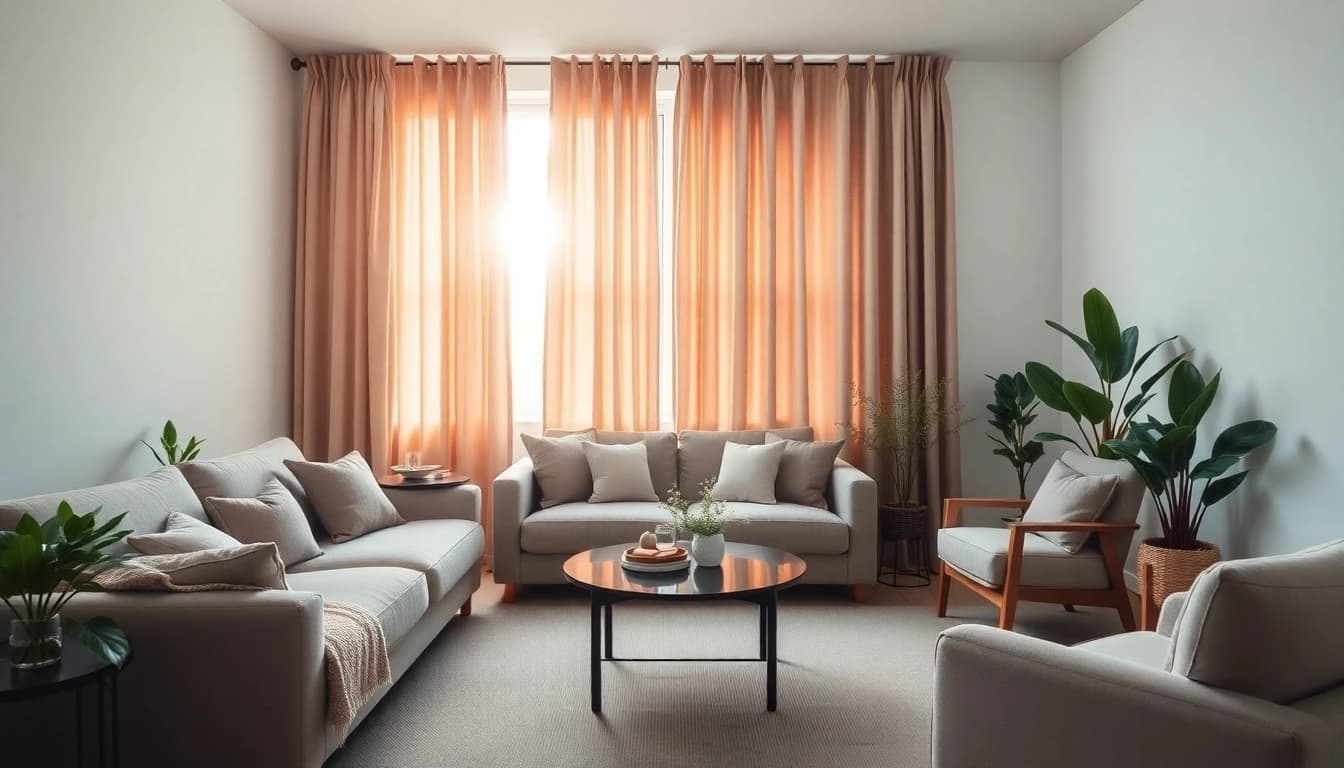 Verduisterende gordijnen creëren een gezellige sfeer in deze moderne woonkamer.