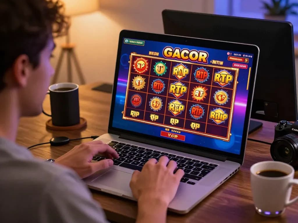 Engaging online player enjoying a slot gacor game with high RTP, showcasing vibrant visuals and excitement.