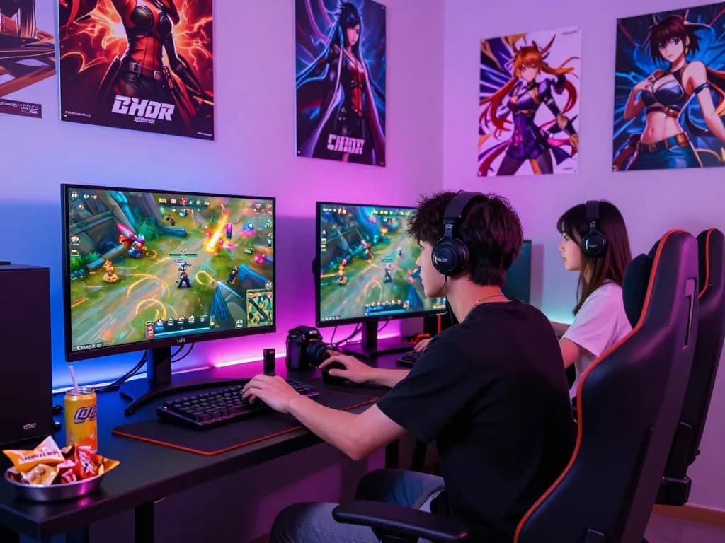 Engaged players enjoying a hentai game in a vibrant gaming room.