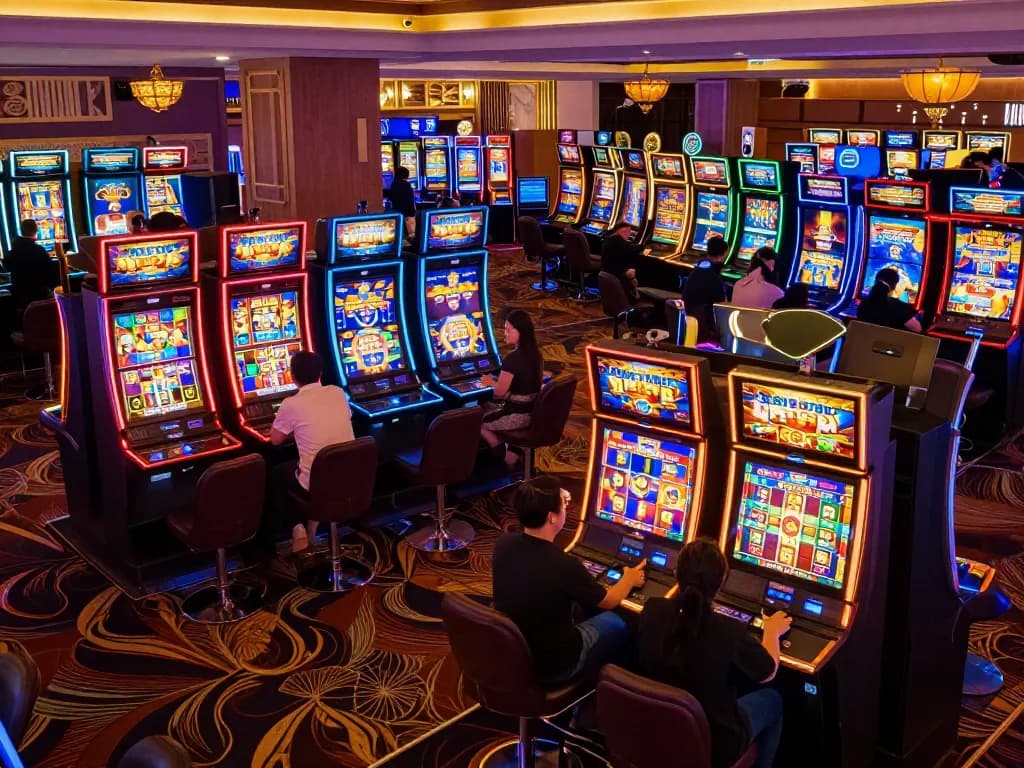 Engaging scene of players enjoying the vibrant slot kamboja super gacor machines in a dazzling casino atmosphere