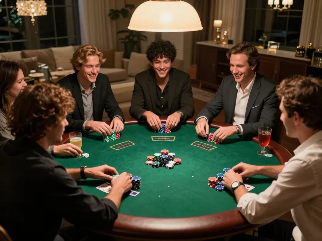 Engaged players enjoying FAFA 828 poker night with colorful chips and warm lighting