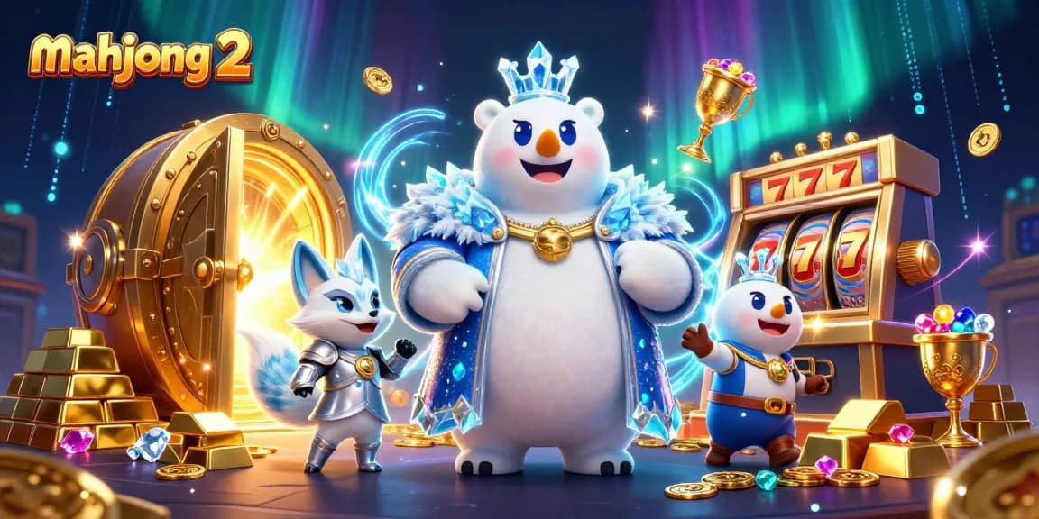 Engage with mahjong 2 in a vibrant casino scene featuring treasures and playful characters.