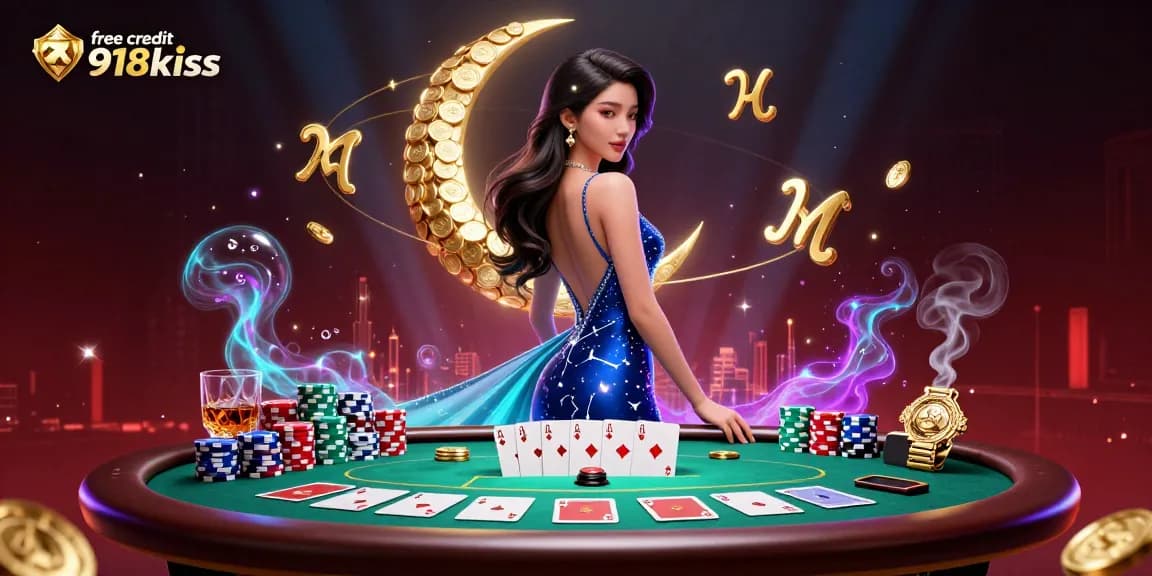 Experience the excitement of free credit 918kiss with vibrant poker elements surrounding a stylish woman.