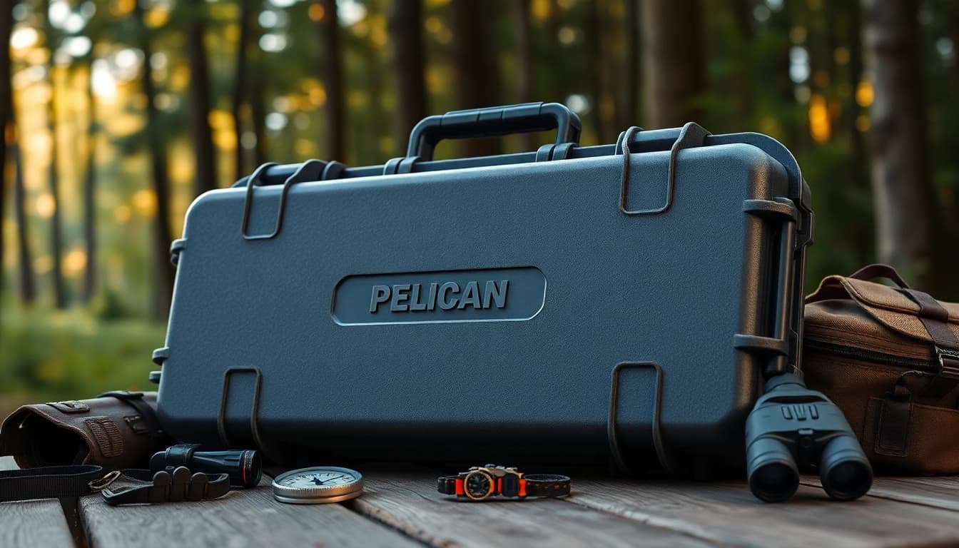 Showcasing a pelican rifle case with rugged design against an outdoor backdrop, evoking adventure.