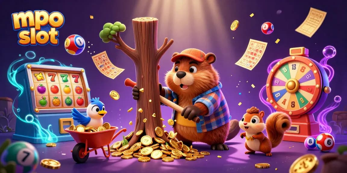 Engage with mpo slot as a 3D cartoon scene featuring a beaver, bird, and squirrel collecting gold coins.