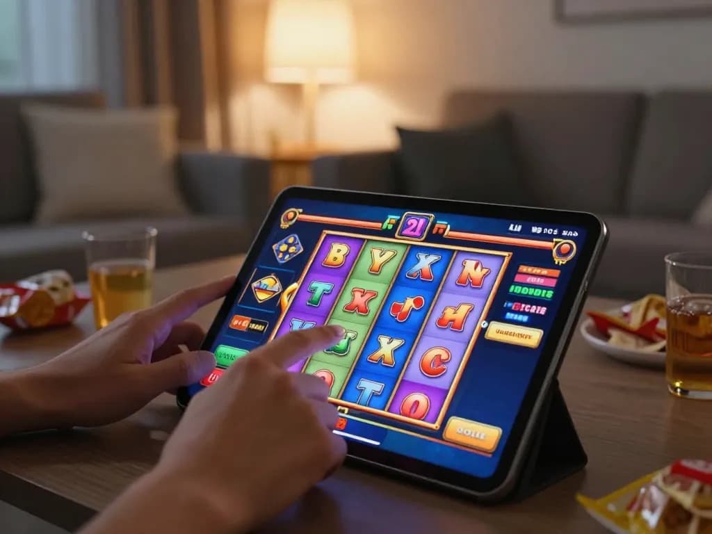 Player spinning colorful slot reels on a smartphone in a cozy home setting