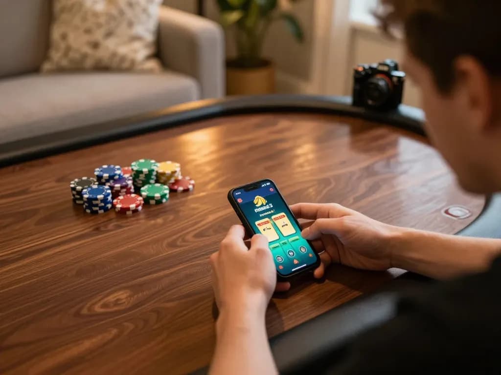 Player engaging in online poker with the nano banana 3 app, surrounded by cozy home atmosphere