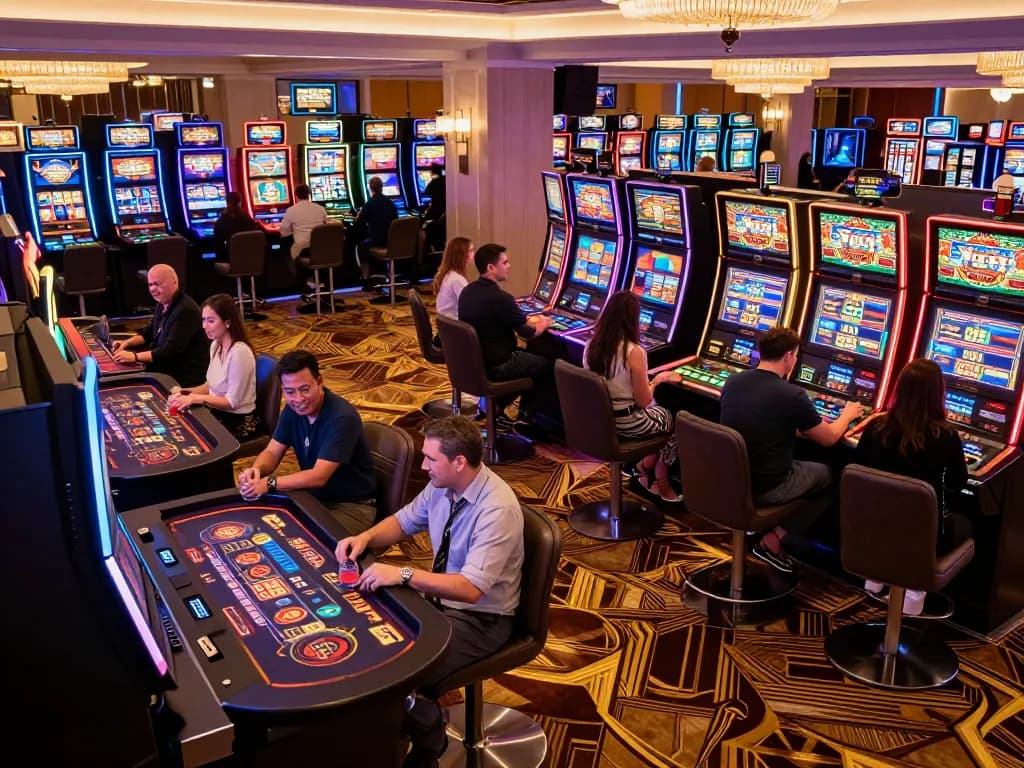 Get immersed in the chic ambiance of 888top's online casino with players enjoying vibrant games.