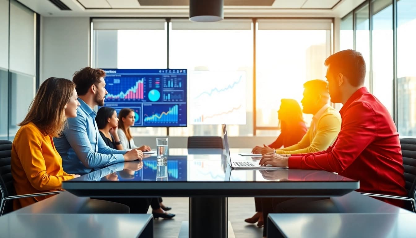 Visualizing b2b competitive intelligence in a business meeting with data analytics presentation.