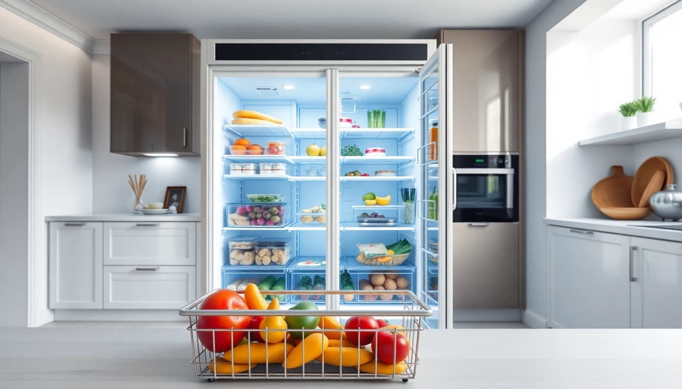 Efficient Freezer showcasing organized frozen food in a modern kitchen.