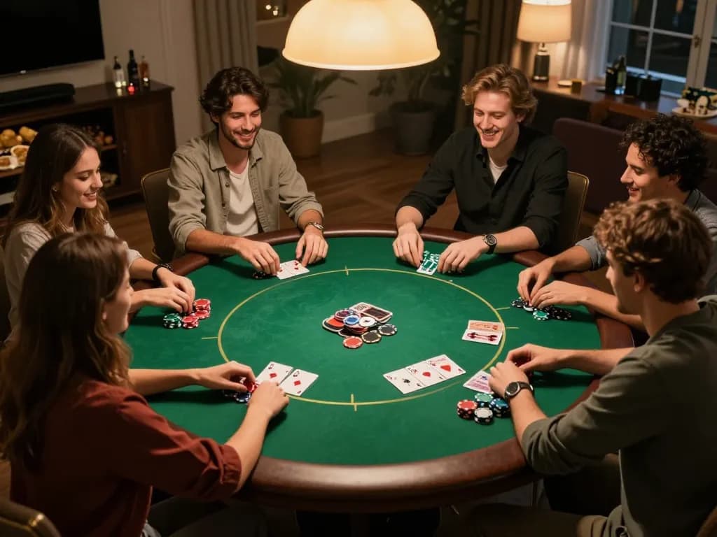 Friends engaging in a lively poker game at home, showcasing an enjoyable tt88 night of strategic gameplay.