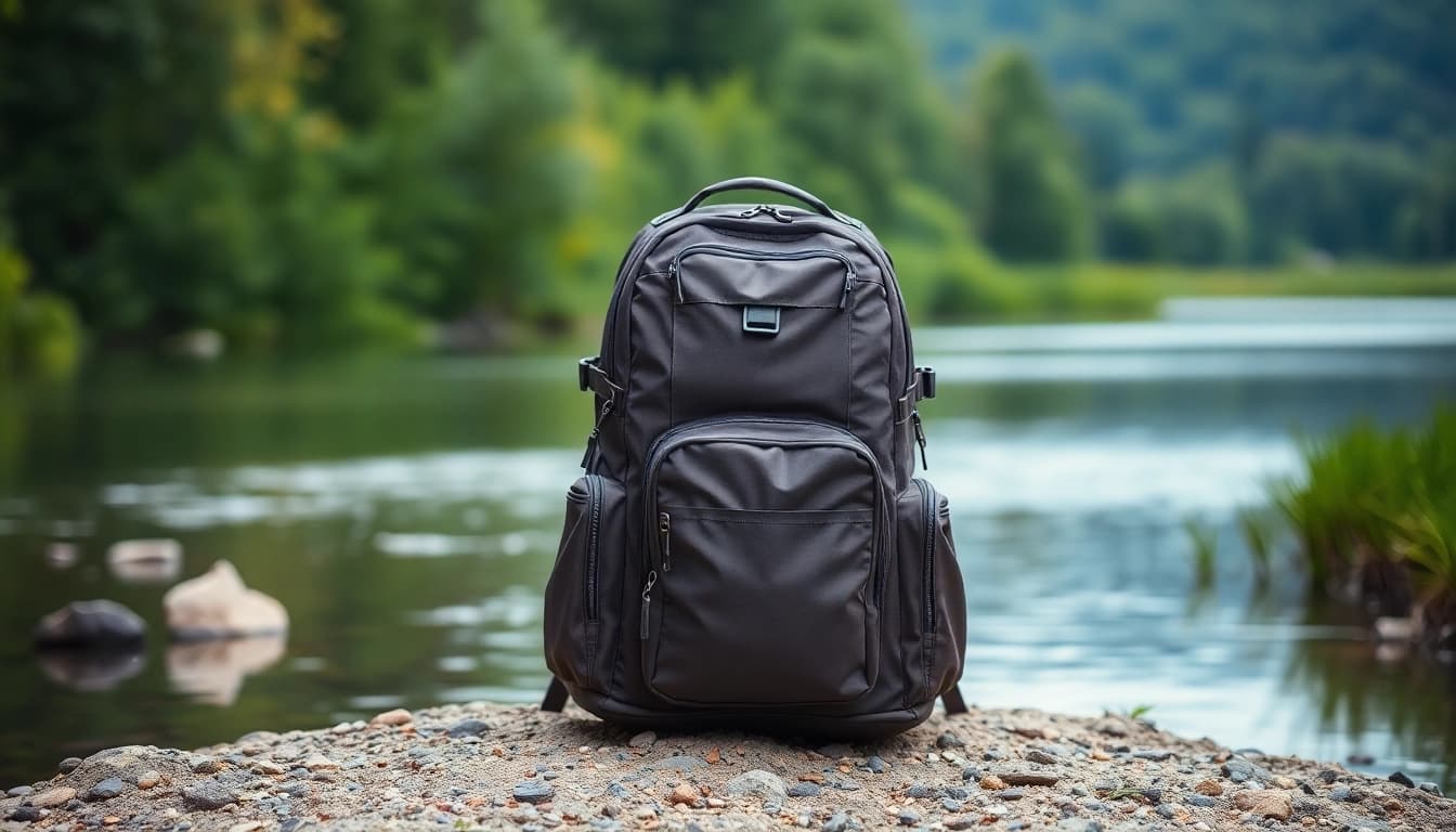 Fly fishing backpack showcasing waterproof design and compartments by a tranquil riverbank.