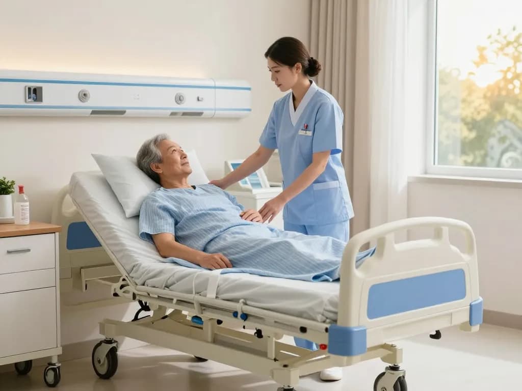Patient bed giường bệnh nhân in a hospital setting with nurse assisting, promoting health and recovery.