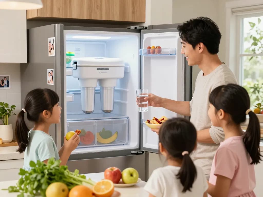 AQUA CREST 469690 ADQ36006101 Refrigerator Water Filter in a family kitchen, parent pouring filtered water, kids enjoying fresh fruits.