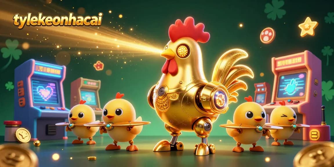 Engage with tylekeonhacai at this vibrant casino scene, showcasing a golden rooster robot and chick drones.