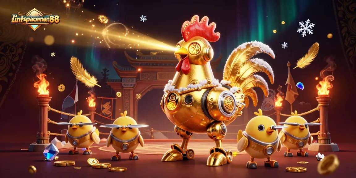 Engage with the thrilling link spaceman88, featuring a dynamic 3D illustration of a golden rooster robot in a high-stakes gambling arena.