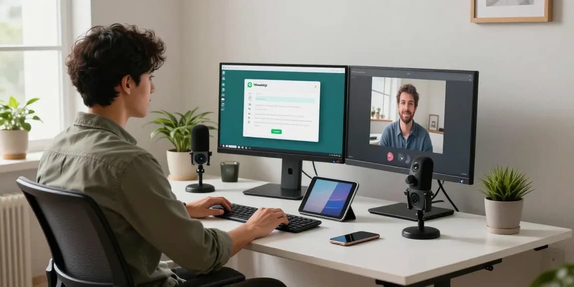 Professional using WhatsApp電腦版 on dual monitors in a modern office.