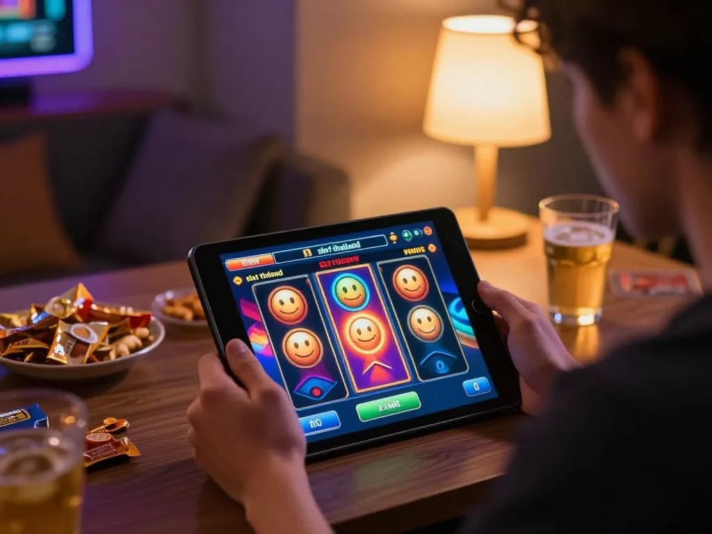 Engage in exciting slot thailand games on a tablet in a cozy gaming setup.