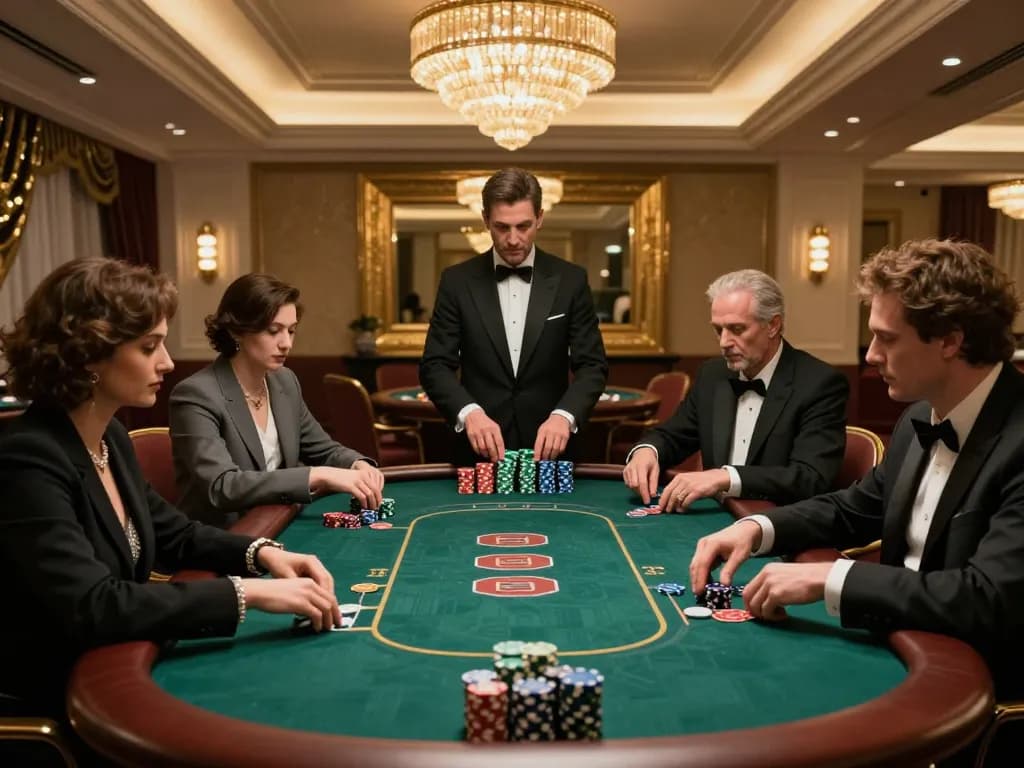 Players strategizing at a high-stakes poker table in a luxurious casino with oli 4d allure.