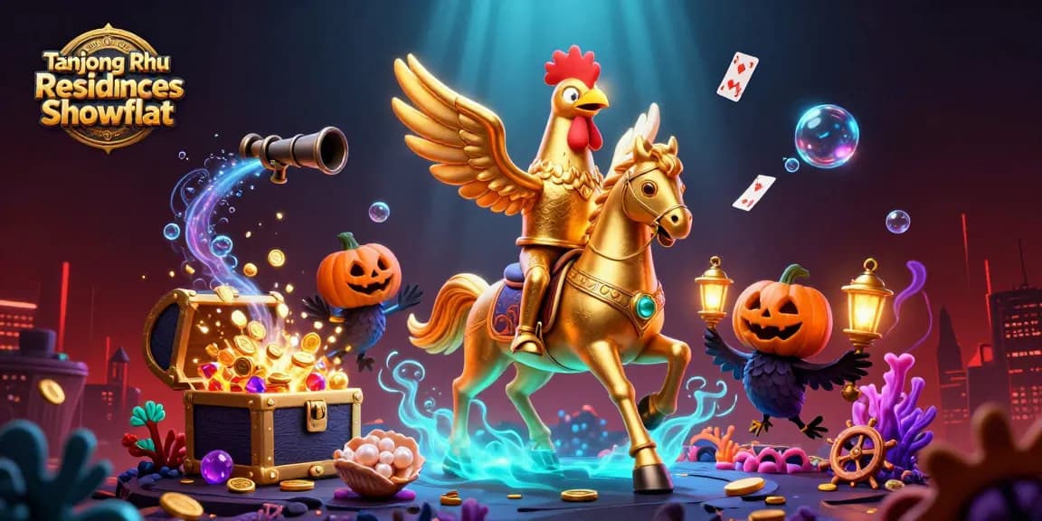 Tanjong Rhu Residences Showflat features a vibrant scene with a golden rooster and companions in a casino.