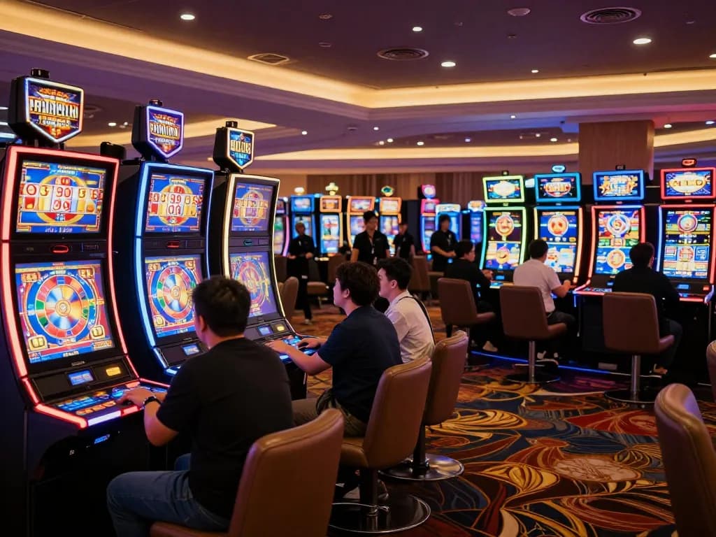 Excited players engaging with vibrant slot machines at VT88 casino, enhancing the gaming experience.