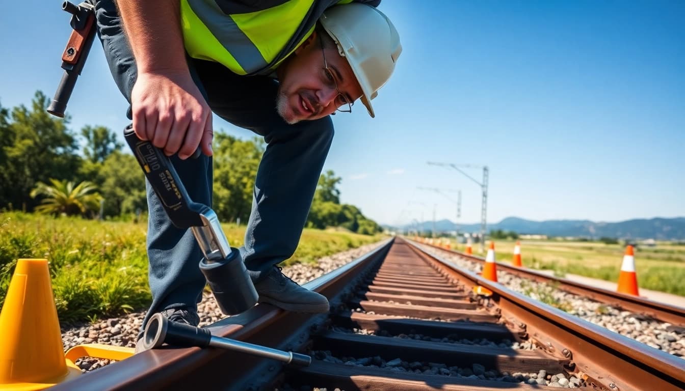 Track Inspectors Near Me inspecting railroad tracks in a rural landscape with tools and safety cones.