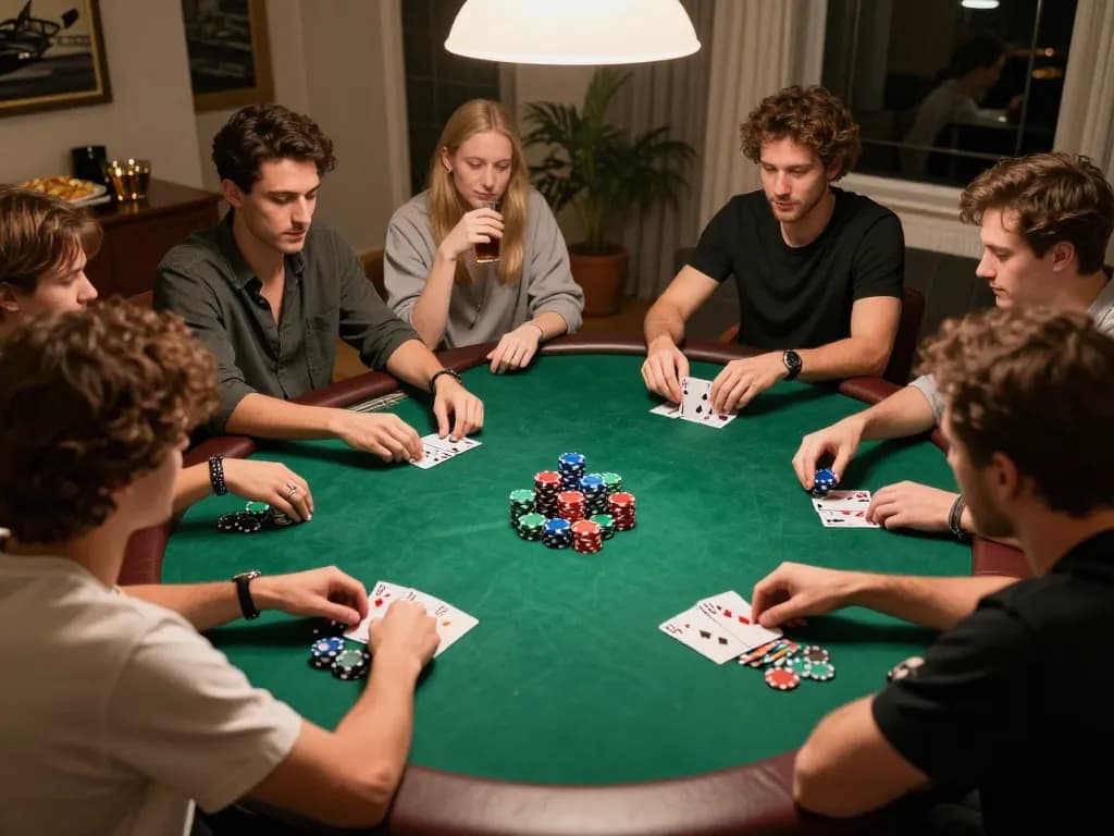 Players engaged in a strategic home poker game with 3win actor showing chips and cards