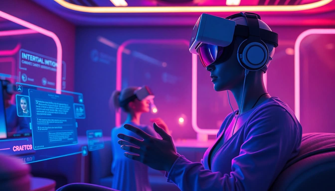 Engaging interaction with an AI sex bot in a futuristic setting, demonstrating immersive technology.