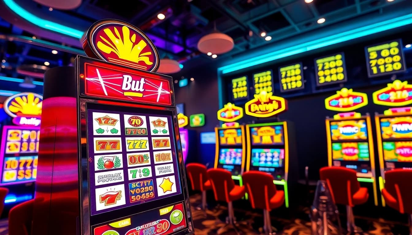 Menangkan permainan slot deposit 1k dengan visual mesin slot berwarna-warni dan antarmuka digital.